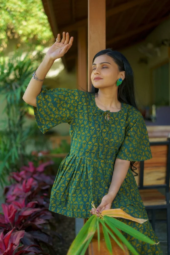 Dark Green Short Kurti Set with Ajrakh Hand-Block Print-2.webp